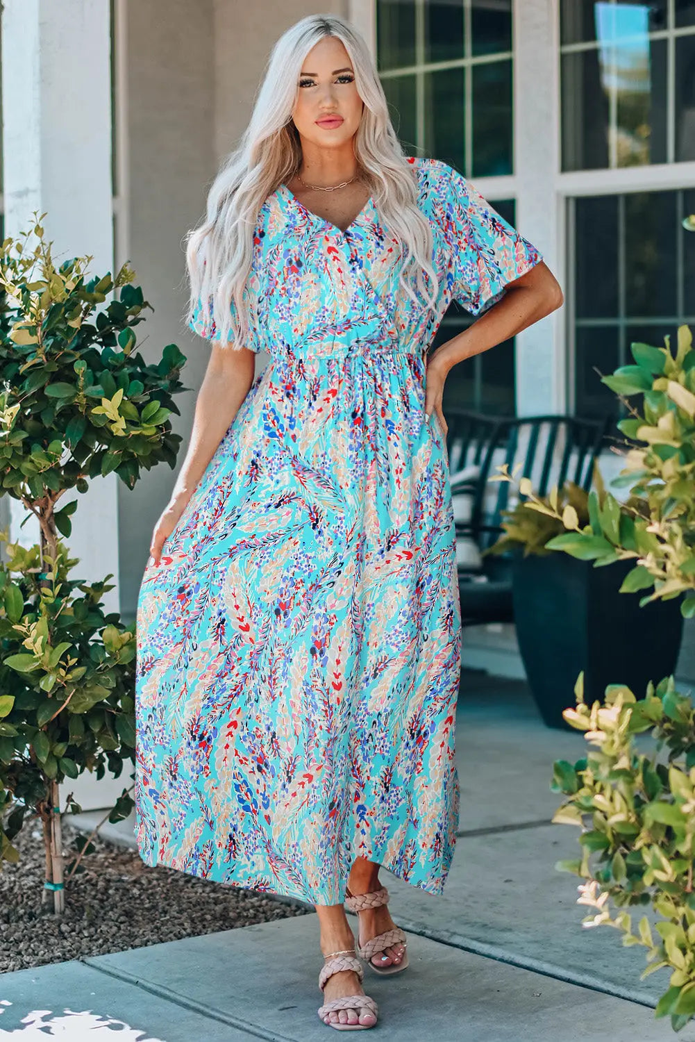 Blue Zone Planet |  Green Wrap V Neck Floral Maxi Dress Blue Zone Planet