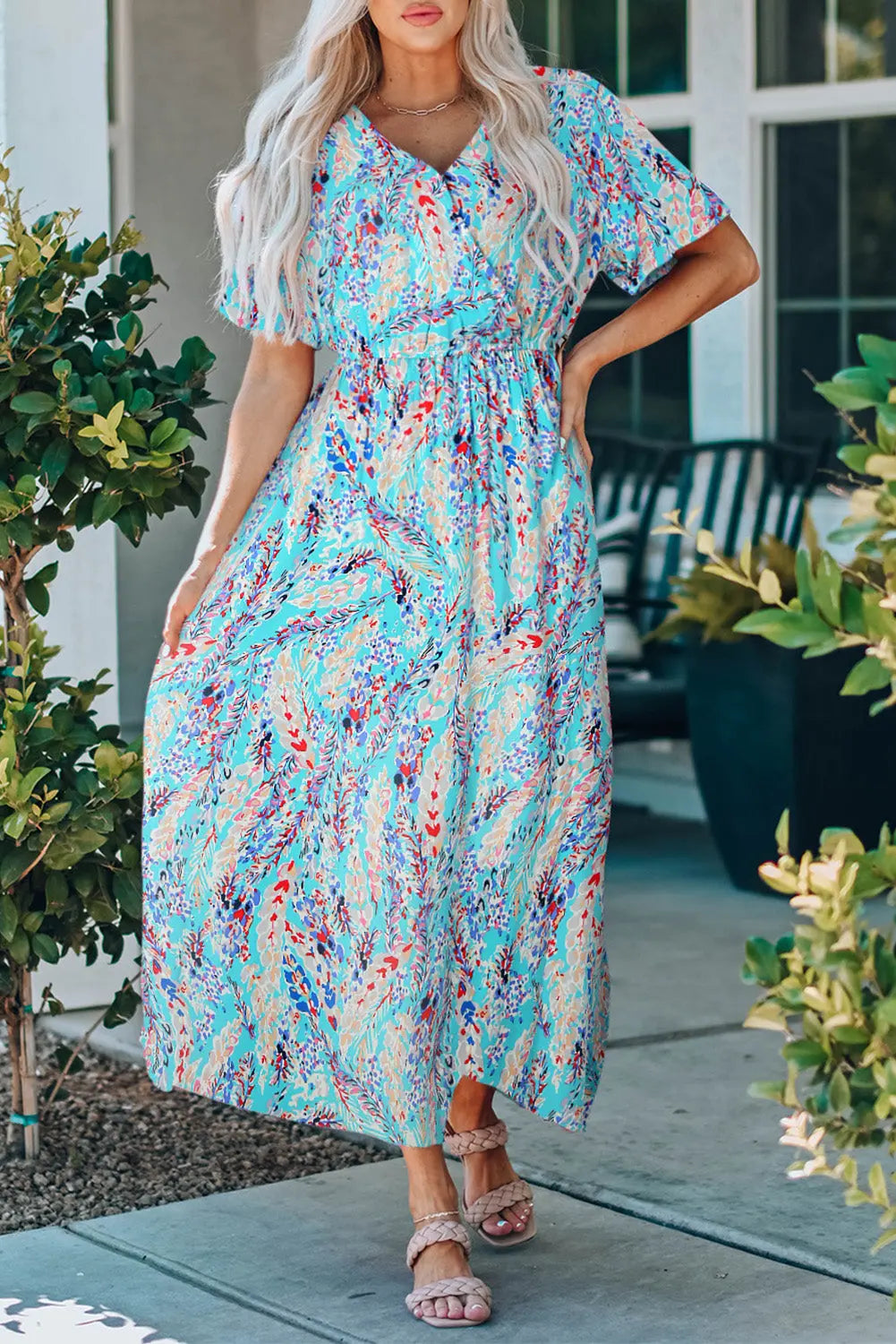 Blue Zone Planet |  Green Wrap V Neck Floral Maxi Dress Blue Zone Planet