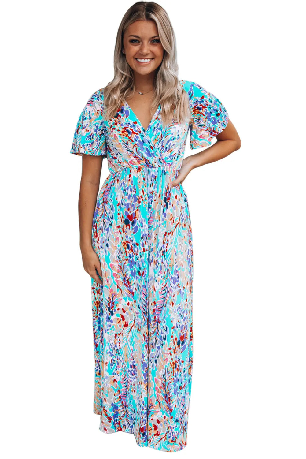 Blue Zone Planet |  Green Wrap V Neck Floral Maxi Dress Blue Zone Planet