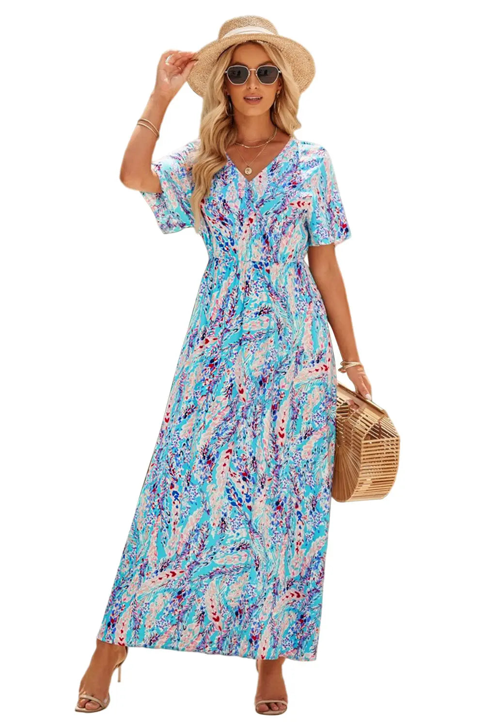 Blue Zone Planet |  Green Wrap V Neck Floral Maxi Dress Blue Zone Planet