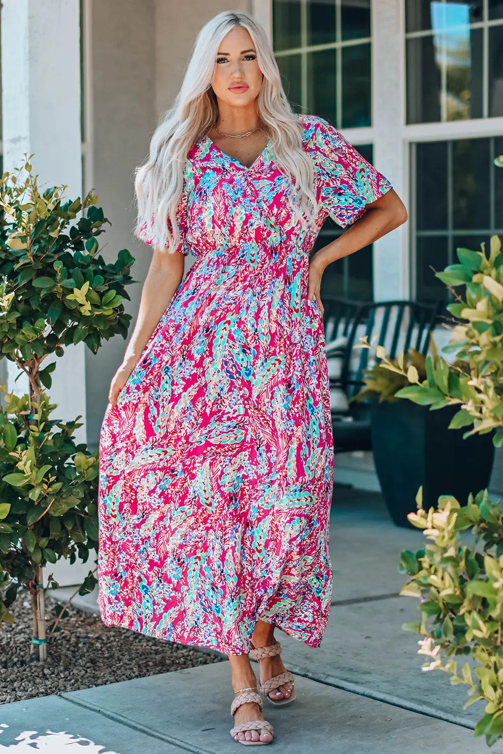 Blue Zone Planet |  Green Wrap V Neck Floral Maxi Dress Blue Zone Planet