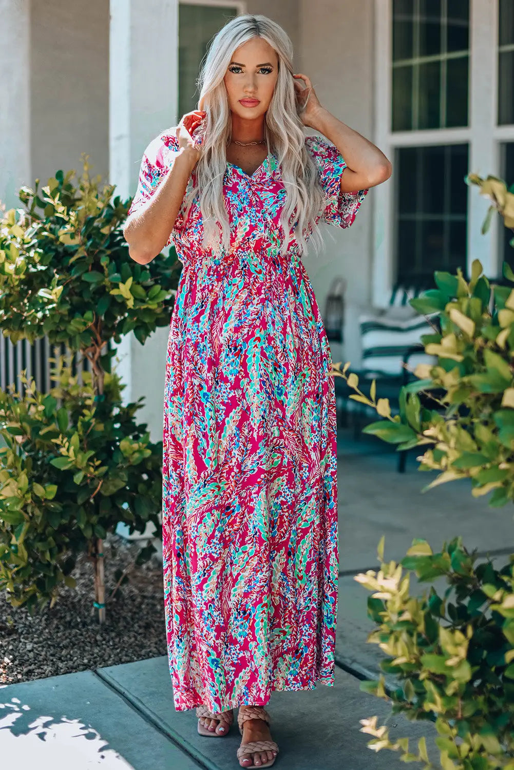 Blue Zone Planet |  Green Wrap V Neck Floral Maxi Dress Blue Zone Planet