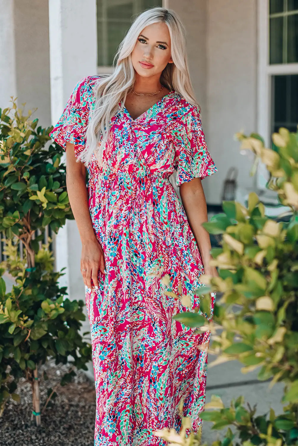 Blue Zone Planet |  Green Wrap V Neck Floral Maxi Dress Blue Zone Planet