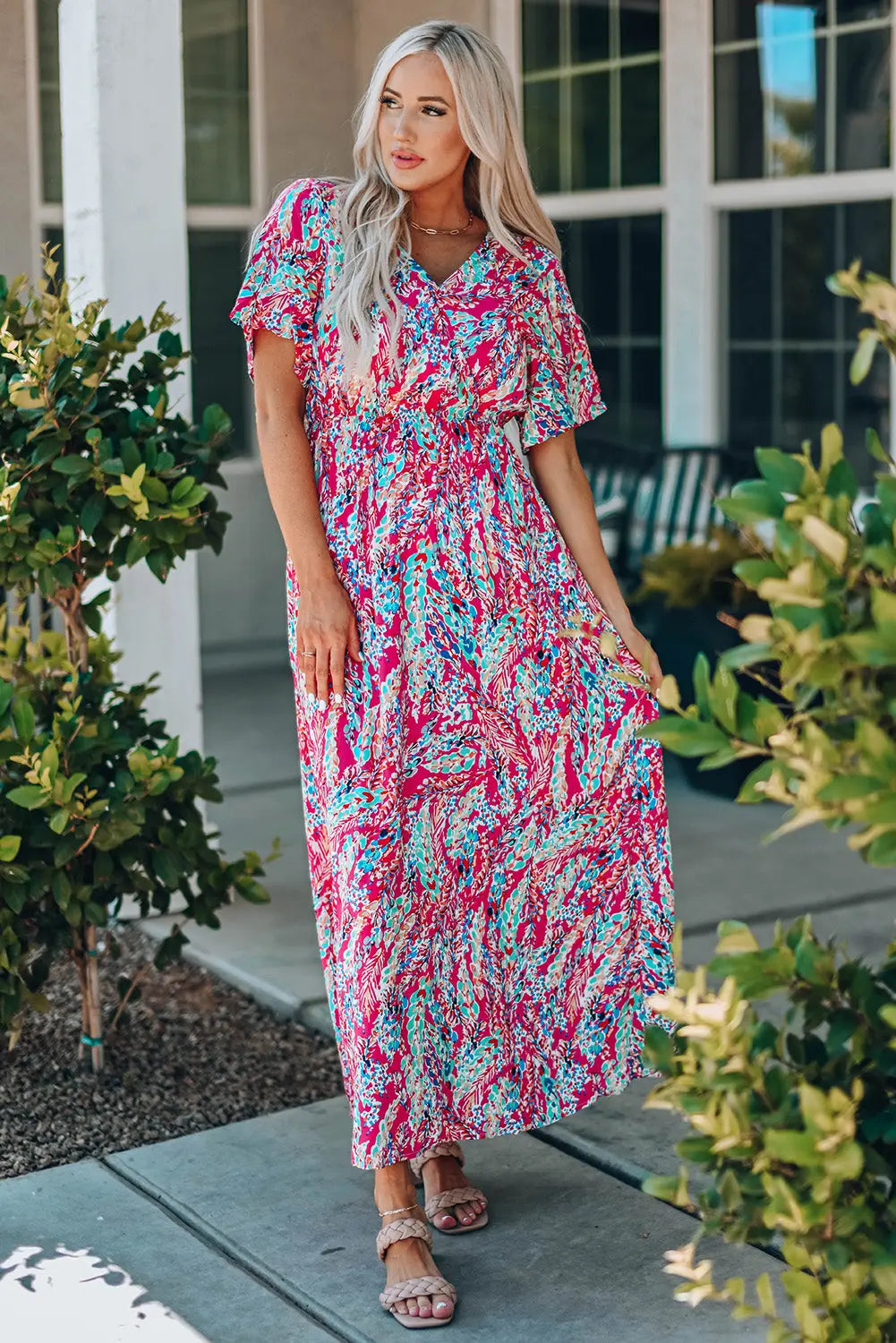 Blue Zone Planet |  Green Wrap V Neck Floral Maxi Dress Blue Zone Planet