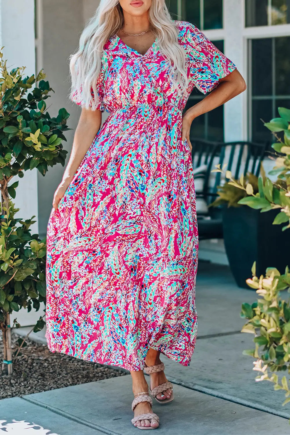 Blue Zone Planet |  Green Wrap V Neck Floral Maxi Dress Blue Zone Planet