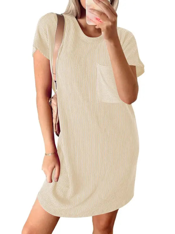 Blue Zone Planet |  Hazel's contrasting wavy striped short-sleeved pocket knee-high dress BLUE ZONE PLANET