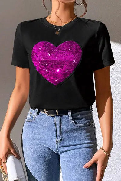 Blue Zone Planet |  Heart Sequin Round Neck Short Sleeve T-Shirt BLUE ZONE PLANET