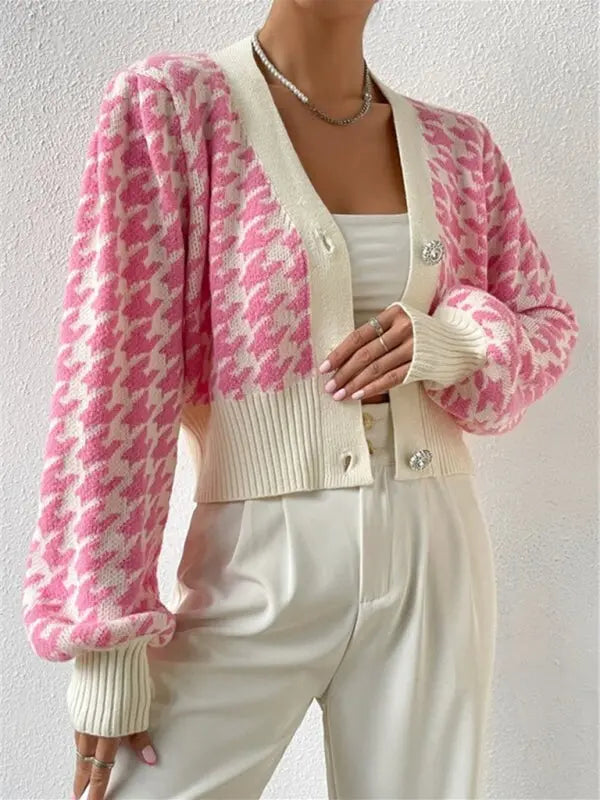 Blue Zone Planet |  Houndstooth pattern lantern sleeve knitted cardigan sweater short coat BLUE ZONE PLANET