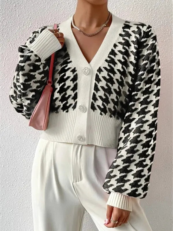 Blue Zone Planet |  Houndstooth pattern lantern sleeve knitted cardigan sweater short coat BLUE ZONE PLANET