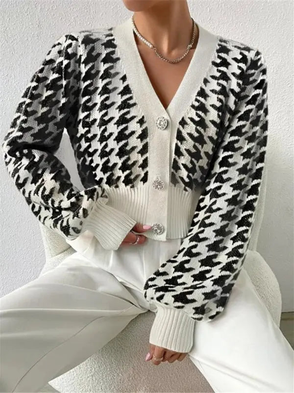 Blue Zone Planet |  Houndstooth pattern lantern sleeve knitted cardigan sweater short coat BLUE ZONE PLANET
