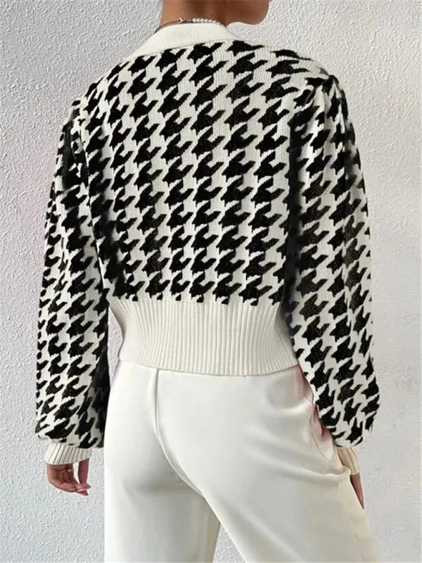 Blue Zone Planet |  Houndstooth pattern lantern sleeve knitted cardigan sweater short coat BLUE ZONE PLANET