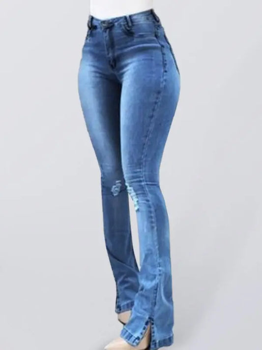 Blue Zone Planet |  Isla's Elastic slit flared high waist jeans kakaclo