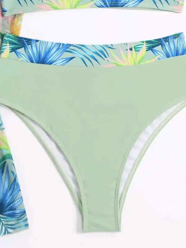Blue Zone Planet |  Isla's bikini push-up split botanical print mesh coverup three-piece set BLUE ZONE PLANET