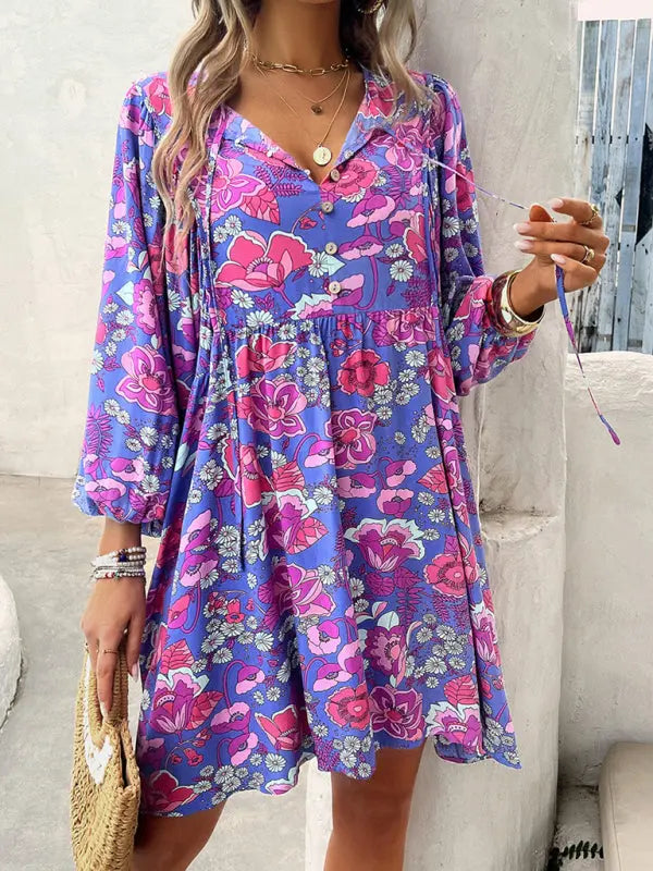 Blue Zone Planet |  Jade's V-neck loose floral printed mini dress BLUE ZONE PLANET