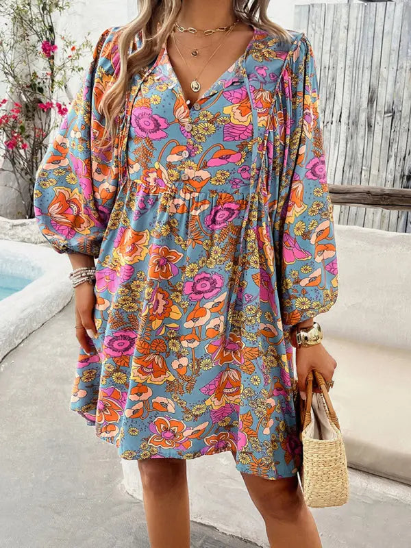 Blue Zone Planet |  Jade's V-neck loose floral printed mini dress BLUE ZONE PLANET