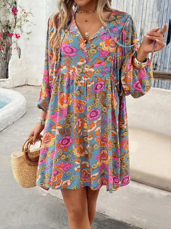 Blue Zone Planet |  Jade's V-neck loose floral printed mini dress BLUE ZONE PLANET