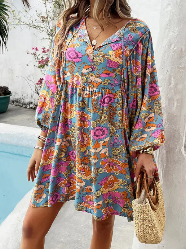 Blue Zone Planet |  Jade's V-neck loose floral printed mini dress BLUE ZONE PLANET
