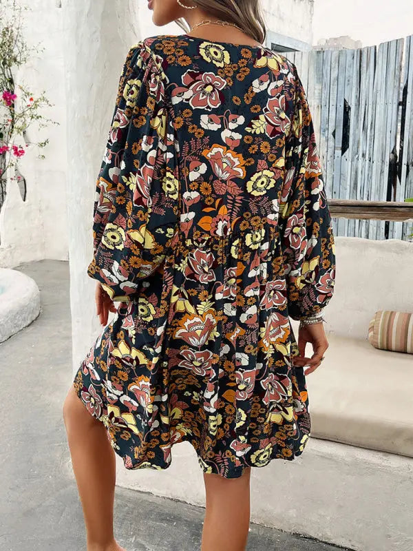 Blue Zone Planet |  Jade's V-neck loose floral printed mini dress BLUE ZONE PLANET