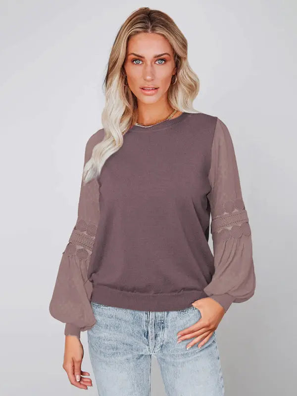 Blue Zone Planet |  Jade's long-sleeved round neck lantern sleeve pullover T-shirt kakaclo