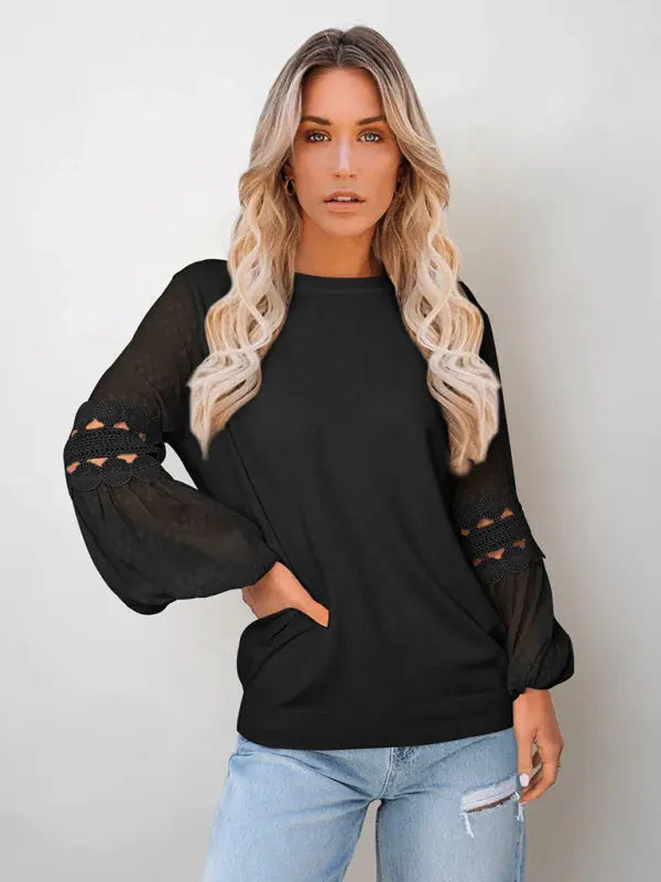 Blue Zone Planet |  Jade's long-sleeved round neck lantern sleeve pullover T-shirt kakaclo