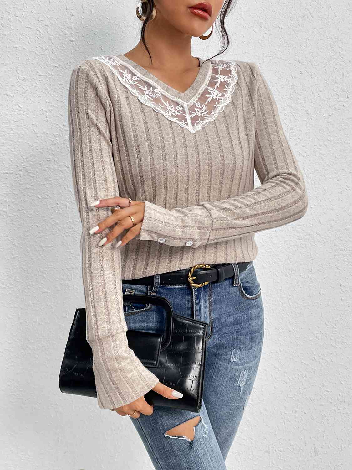 Blue Zone Planet |  Lace Detail Ribbed V-Neck Long Sleeve Top BLUE ZONE PLANET
