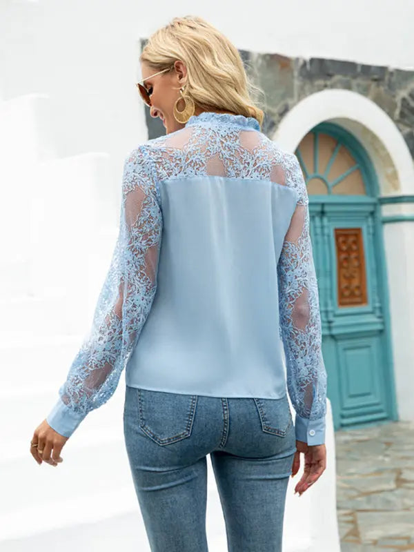 Blue Zone Planet | Lace long-sleeve top V-neck clothing BLUE ZONE PLANET