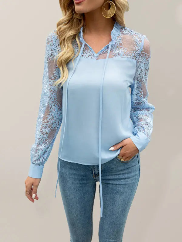 Blue Zone Planet | Lace long-sleeve top V-neck clothing BLUE ZONE PLANET