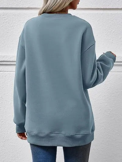 Blue Zone Planet |  Letter Graphic Round Neck Long Sleeve Sweatshirt BLUE ZONE PLANET