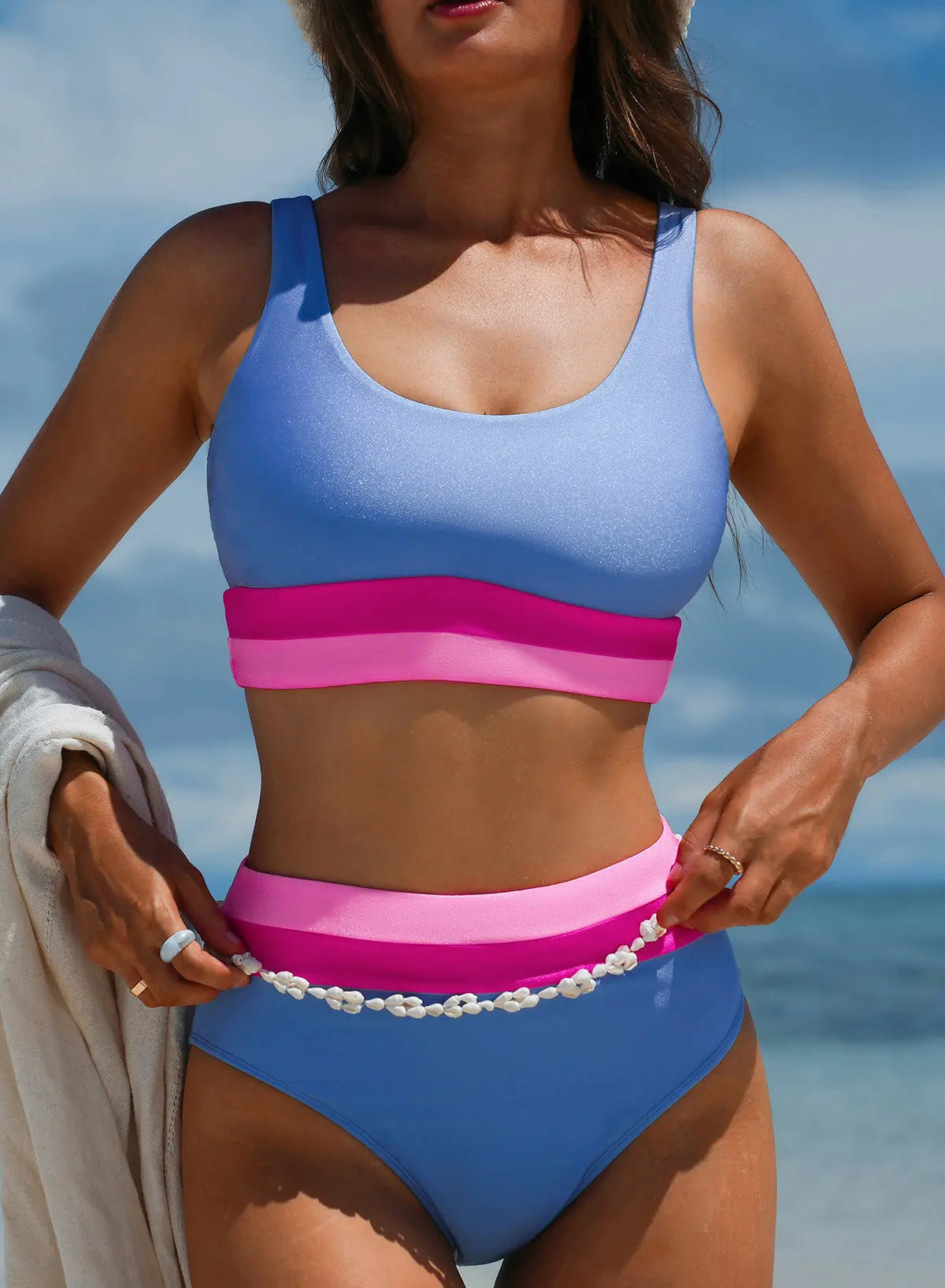 Blue Zone Planet |  Light Blue Colorblock High Waisted Bikini Swimsuit Blue Zone Planet