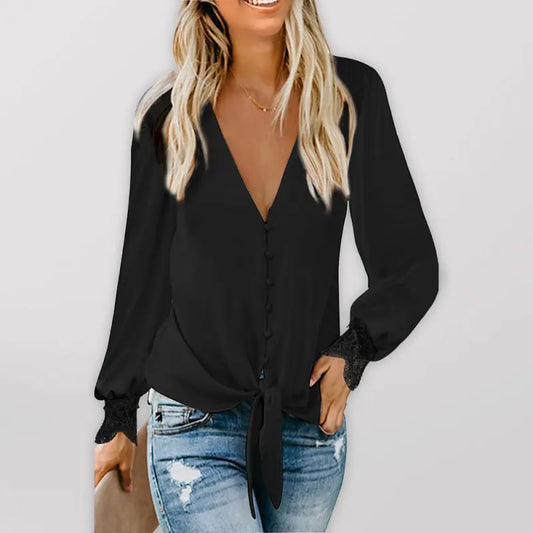 Blue Zone Planet |  Lilly's V-Neck Lace Patchwork Solid Color Tie Loose Long Sleeve Chiffon Shirt kakaclo