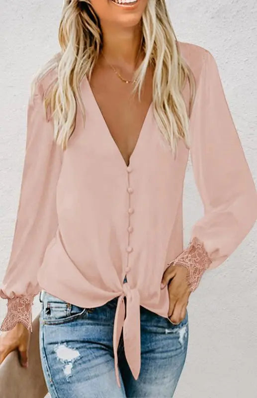 Blue Zone Planet |  Lilly's V-Neck Lace Patchwork Solid Color Tie Loose Long Sleeve Chiffon Shirt kakaclo