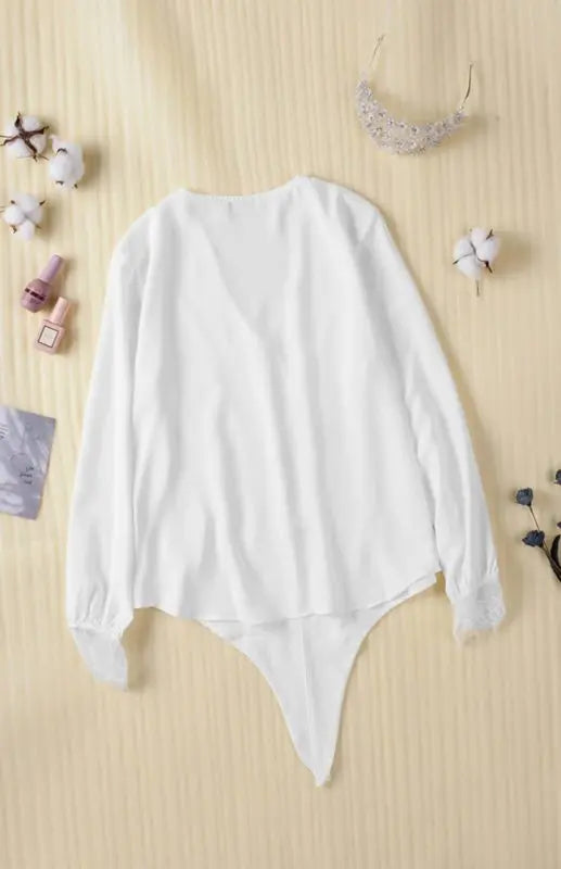 Blue Zone Planet |  Lilly's V-Neck Lace Patchwork Solid Color Tie Loose Long Sleeve Chiffon Shirt kakaclo