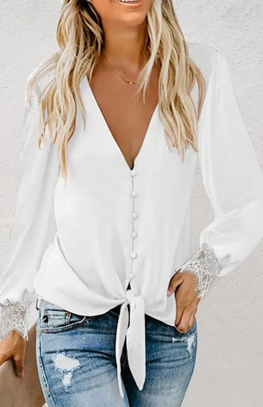Blue Zone Planet |  Lilly's V-Neck Lace Patchwork Solid Color Tie Loose Long Sleeve Chiffon Shirt kakaclo