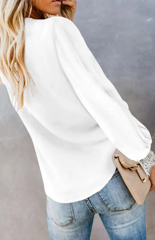 Blue Zone Planet |  Lilly's V-Neck Lace Patchwork Solid Color Tie Loose Long Sleeve Chiffon Shirt kakaclo
