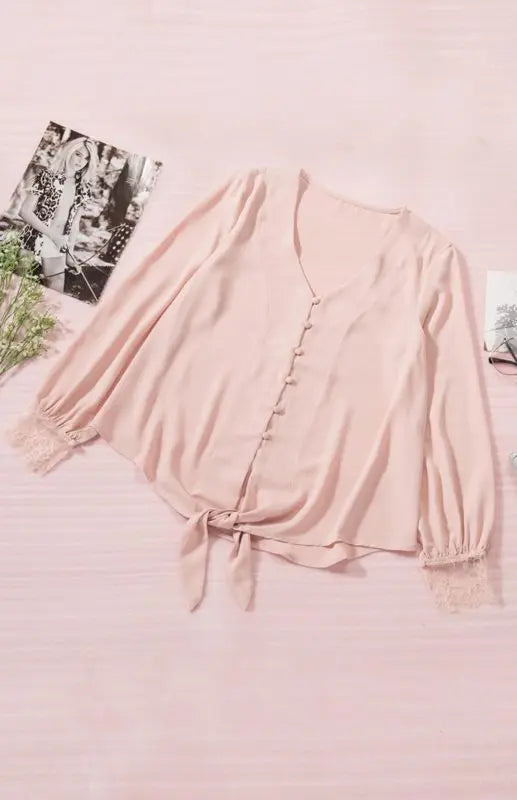 Blue Zone Planet |  Lilly's V-Neck Lace Patchwork Solid Color Tie Loose Long Sleeve Chiffon Shirt kakaclo