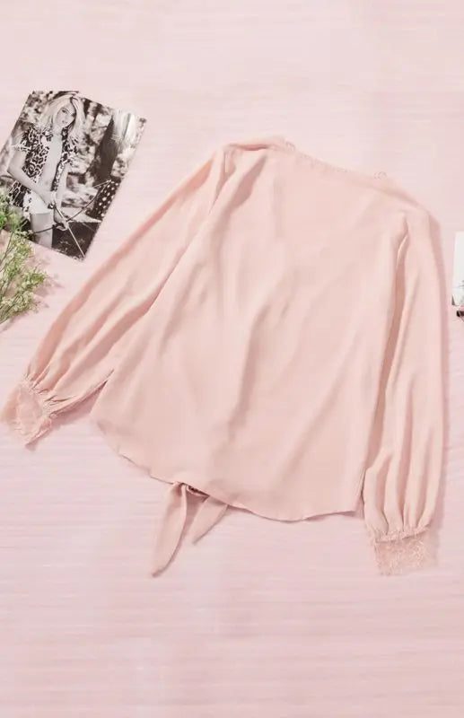Blue Zone Planet |  Lilly's V-Neck Lace Patchwork Solid Color Tie Loose Long Sleeve Chiffon Shirt kakaclo