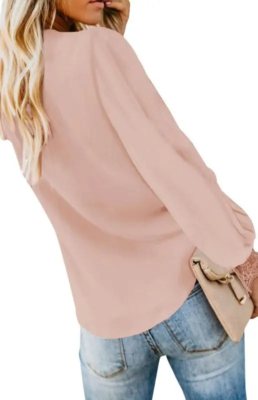 Blue Zone Planet |  Lilly's V-Neck Lace Patchwork Solid Color Tie Loose Long Sleeve Chiffon Shirt kakaclo