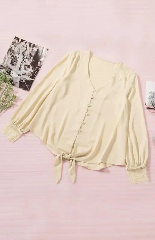 Blue Zone Planet |  Lilly's V-Neck Lace Patchwork Solid Color Tie Loose Long Sleeve Chiffon Shirt kakaclo