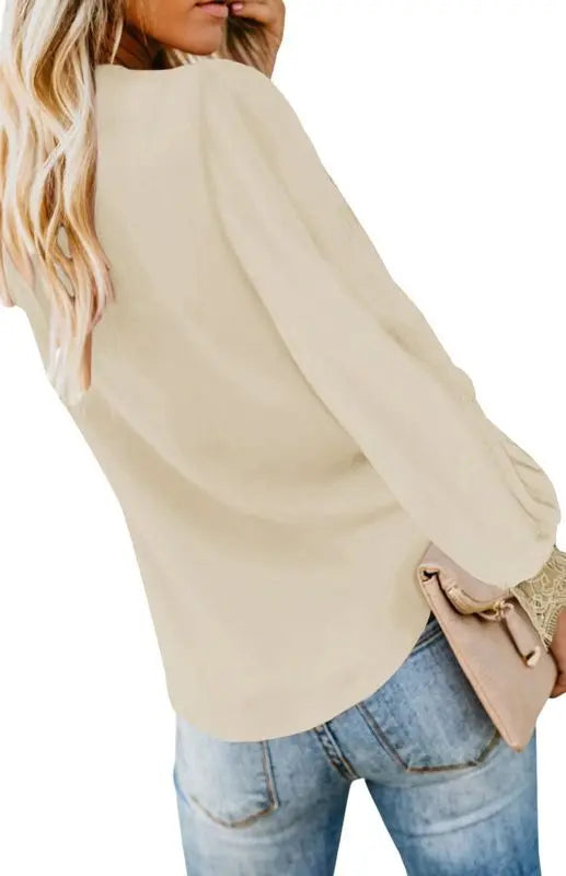 Blue Zone Planet |  Lilly's V-Neck Lace Patchwork Solid Color Tie Loose Long Sleeve Chiffon Shirt kakaclo