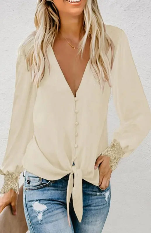 Blue Zone Planet |  Lilly's V-Neck Lace Patchwork Solid Color Tie Loose Long Sleeve Chiffon Shirt kakaclo