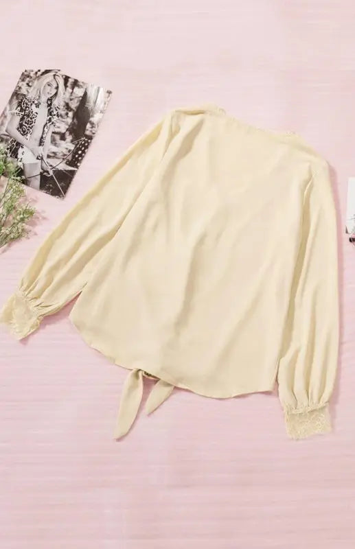 Blue Zone Planet |  Lilly's V-Neck Lace Patchwork Solid Color Tie Loose Long Sleeve Chiffon Shirt kakaclo
