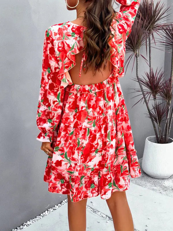 Blue Zone Planet |  Lilly's floral printed V-neck long-sleeved knee-length dress BLUE ZONE PLANET