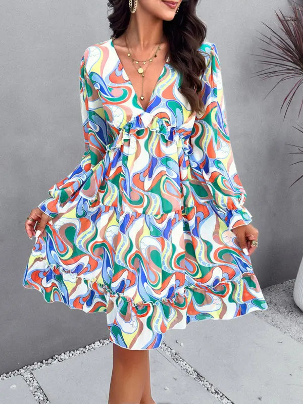 Blue Zone Planet |  Lilly's floral printed V-neck long-sleeved knee-length dress BLUE ZONE PLANET