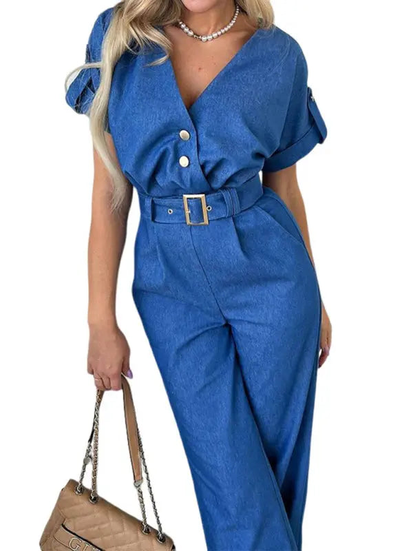 Blue Zone Planet |  Lissa's V-neck short-sleeved straight jumpsuit BLUE ZONE PLANET