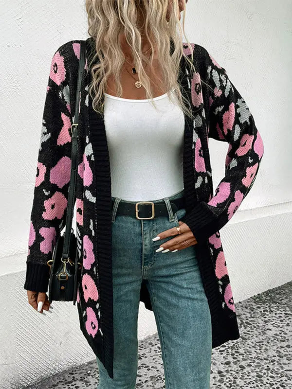 Blue Zone Planet | Long Sleeve Contrast Color Floral Knitted Sweater Cardigan BLUE ZONE PLANET