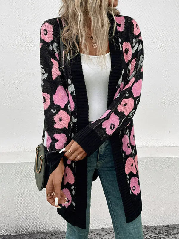 Blue Zone Planet | Long Sleeve Contrast Color Floral Knitted Sweater Cardigan BLUE ZONE PLANET