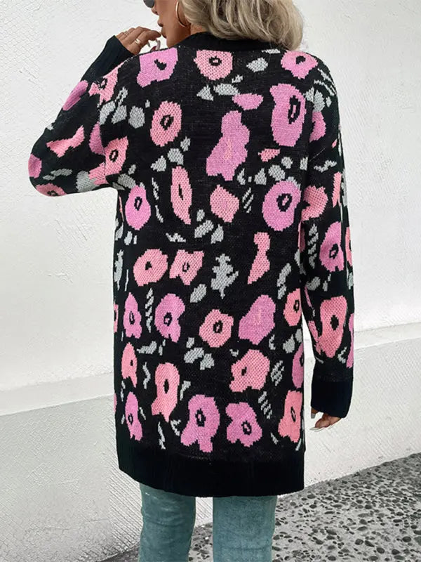 Blue Zone Planet | Long Sleeve Contrast Color Floral Knitted Sweater Cardigan BLUE ZONE PLANET
