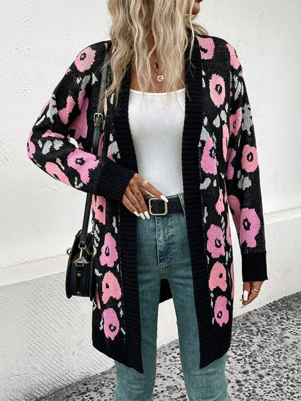 Blue Zone Planet | Long Sleeve Contrast Color Floral Knitted Sweater Cardigan BLUE ZONE PLANET