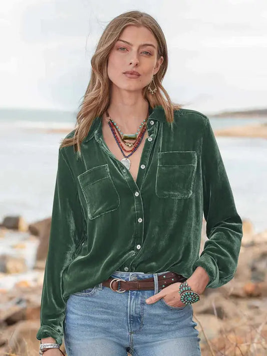 Blue Zone Planet |  Long-sleeved all-match velvet and golden velvet top with loose base lining BLUE ZONE PLANET