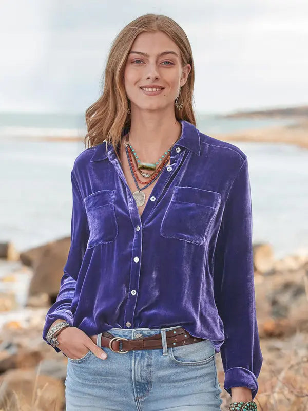 Blue Zone Planet |  Long-sleeved all-match velvet and golden velvet top with loose base lining BLUE ZONE PLANET